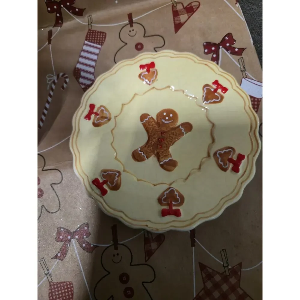 Cute! Vintage Gingerbread Ceramic Candle Holder w Drip Plate Christmas Decor